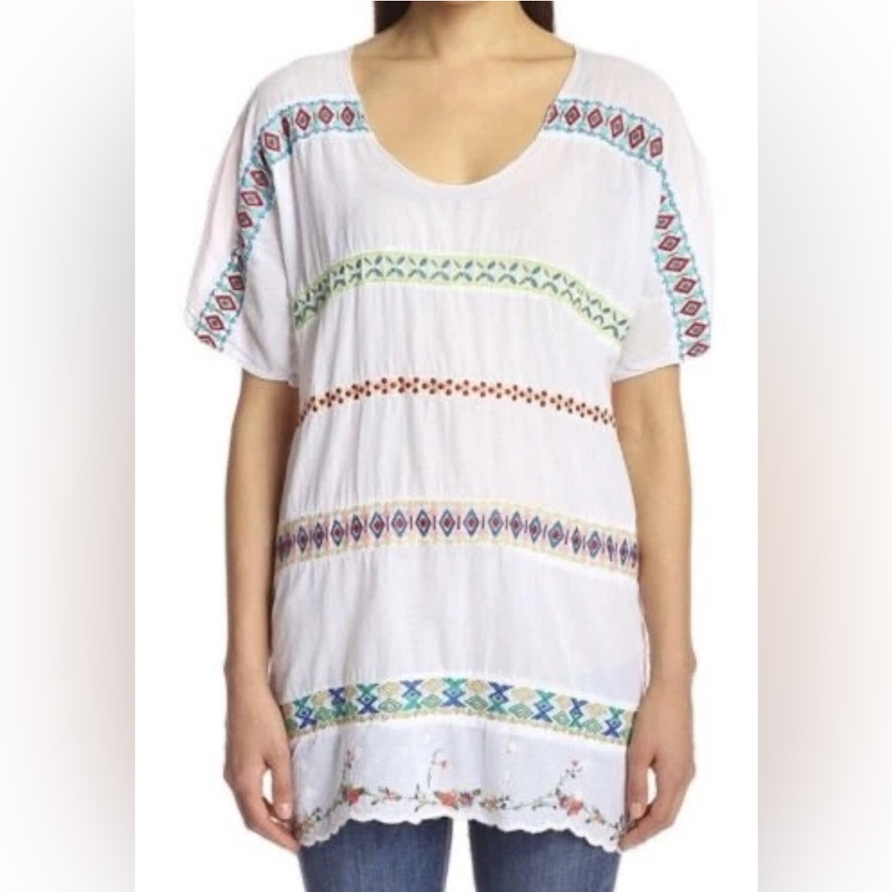 JOHNNY WAS BOHO CHIC EMBROIDERED DAISY EYELET VOILE COTTON TUNIC WHITE size XS
